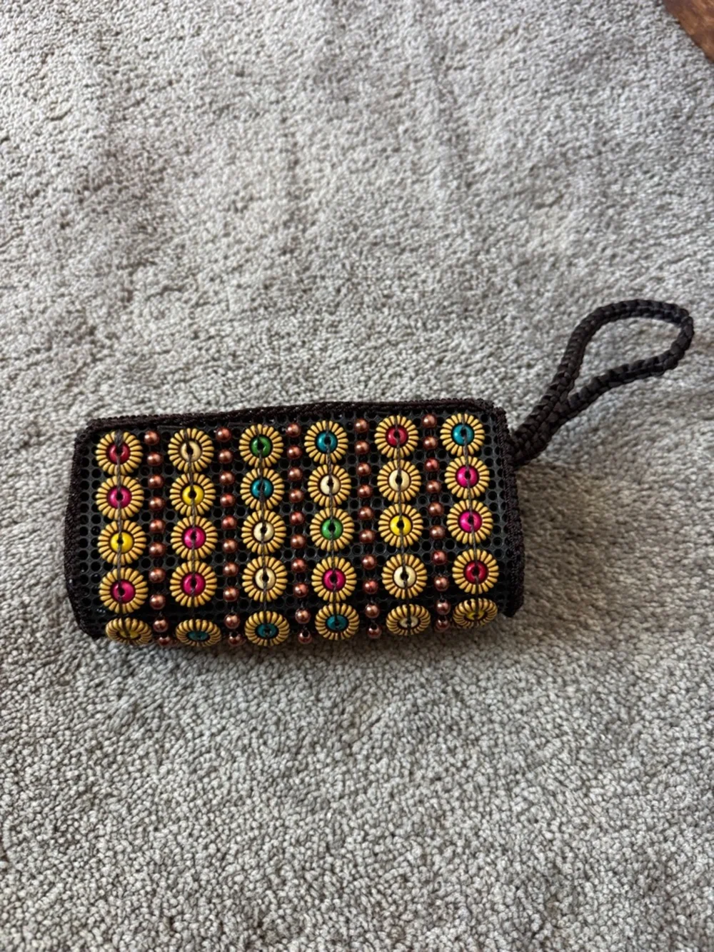 Boho Beaded Wristlet Clutch Brown Multicolor Wooden Beads Zip Pouch